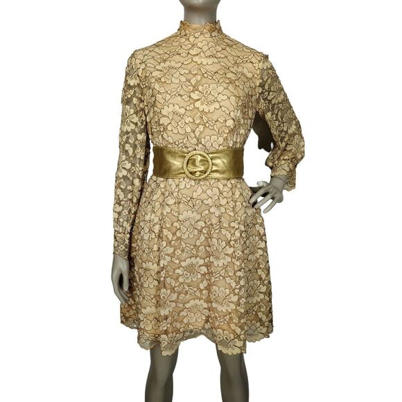 Vintage 60s Beige Gold Floral Lace Scalloped Edge Balloon Sleeve Mini Dress - Picture 3 of 14